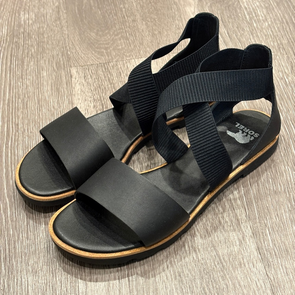 Sorel Ella III Sandal Black Leather Elastic Strappy Flat Travel Comfort Size 8